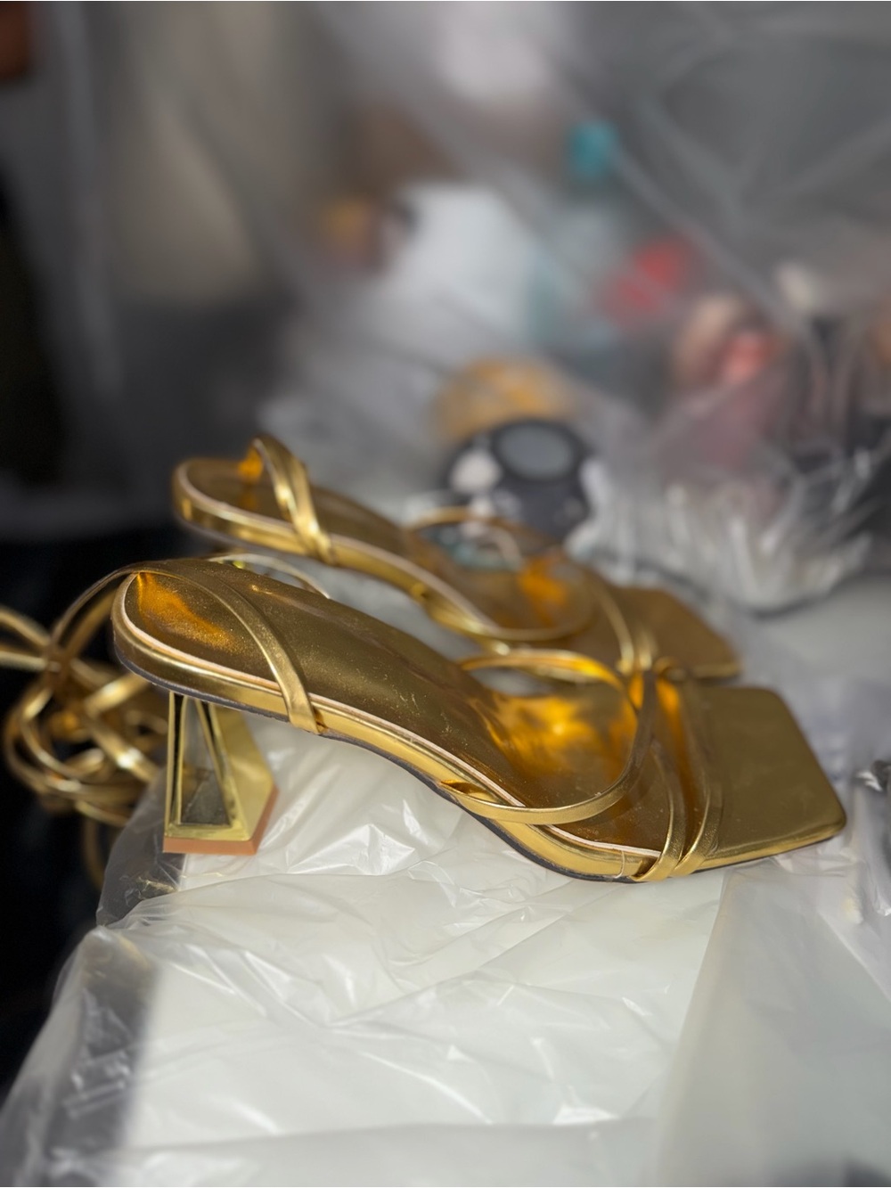Gold Strappy Square-Toe Mid Heel Sandals